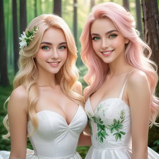 Prompt: a picture of 2 women with long blonde hair and the other with soft pink hair, posing together large green eyes wearing white dresses and smiling at the camera, Artgerm, fantasy art, realistic shaded perfect face, a detailed painting, sunny snowy forest backround, 18 years old