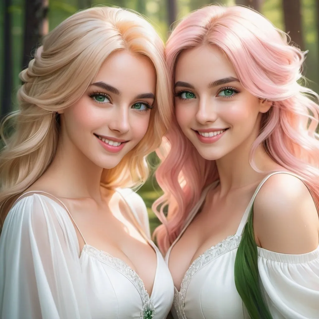 Prompt: a picture of 2 women with long blonde hair and the other with soft pink hair, posing together large green eyes wearing white dresses and smiling at the camera, Artgerm, fantasy art, realistic shaded perfect face, a detailed painting, sunny snowy forest backround, 18 years old