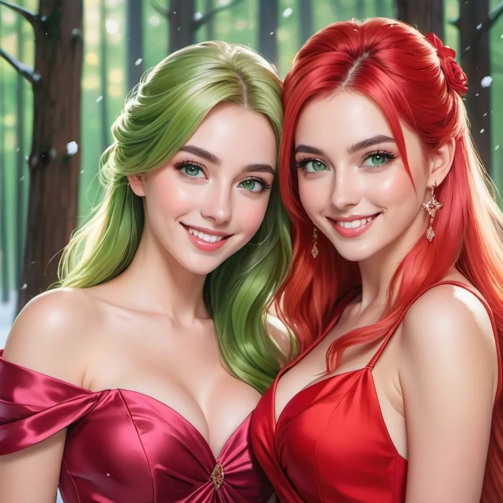 Prompt: a picture of 2 women with long blonde hair and the other with pink hair, posing together large green eyes wearing a red dress and smiling at the camera, Artgerm, fantasy art, realistic shaded perfect face, a detailed painting, sunny snowy forest backround, 18 years old