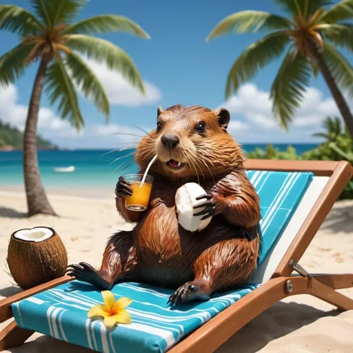 Prompt: create me a realistic image of a beaver in a hawaiian shirt lying on a sunbed while drinking from a coconut on the beach