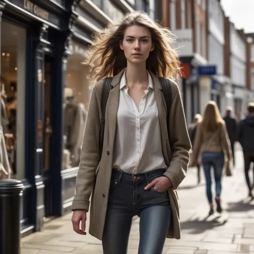 Prompt: Tall young woman walking down the high street, detailed clothing, realistic, natural lighting