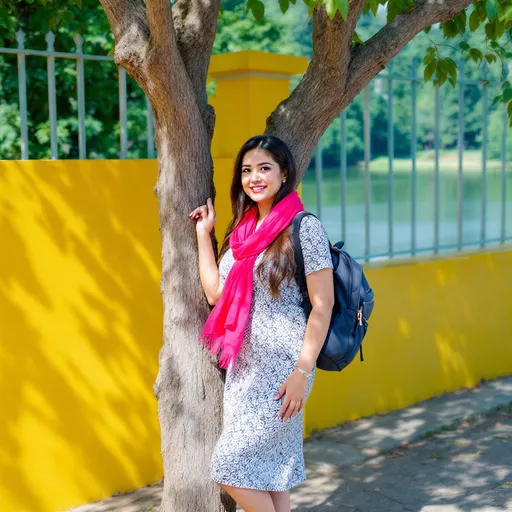 Prompt: Amidst a sunny outdoor setting, a woman stands confidently beside a tree with a thick trunk, her posture relaxed as she holds onto its bark. She wears a patterned, knee-length dress complemented by a pink scarf draped around her neck, and a backpack casually slung over one shoulder. The background features a vivid yellow wall partially hidden by a light fence, with glimpses of a tranquil body of water and lush greenery beyond. The bright daylight casts gentle shadows on the ground and accentuates the colorful elements of the scene, creating an inviting and serene atmosphere. The combination of natural elements and her calm demeanor suggests a moment of leisure and connection with nature.