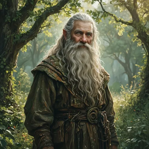 Prompt: Elderly halfling male druid, grey and white beard flowing gracefully, adorned in earthy Druidic natural clothing featuring rich greens and browns, wise expression with sparkling eyes reflecting knowledge, kind but also mischievous look in eyes, standing in a serene forest glade surrounded by ancient trees and vibrant foliage, soft dappled sunlight illuminating the scene, a scholarly ambiance, ultra-detailed, cinematic atmosphere.forest guardian 