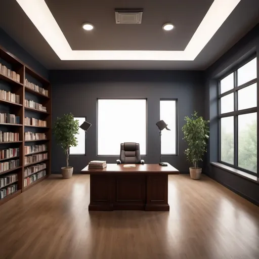 Prompt: Professional background image for interviews or a news channel, faint flashes of lights passing from different directions, highres, professional but a little casual and welcoming setting, a few books, subtle lighting but more natural light. no people. add some big windows and natural light
