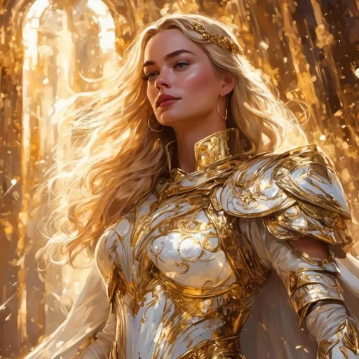 Prompt: A Margot Robbie masterpiece drawn in  <mymodel> artstyle, she is a goddess from the heavens, her golden and ivory armor tightly dress her, she has open arms and looks grave in her look to the camera, ray of lights are casting from her