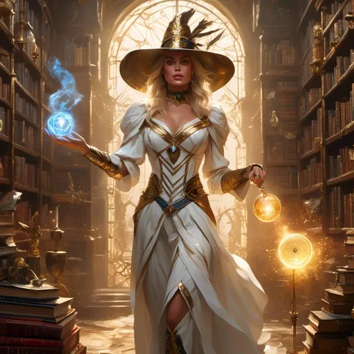 Prompt: Margot Robbie is a powerful mage in <mymodel> artstyle and she is casting an ancient and strong benevolent spell, her white dress and hat are of an intricate design of ivory and gold, her face is litten from below by the glow of the spell, ancient library, golden jewelry 