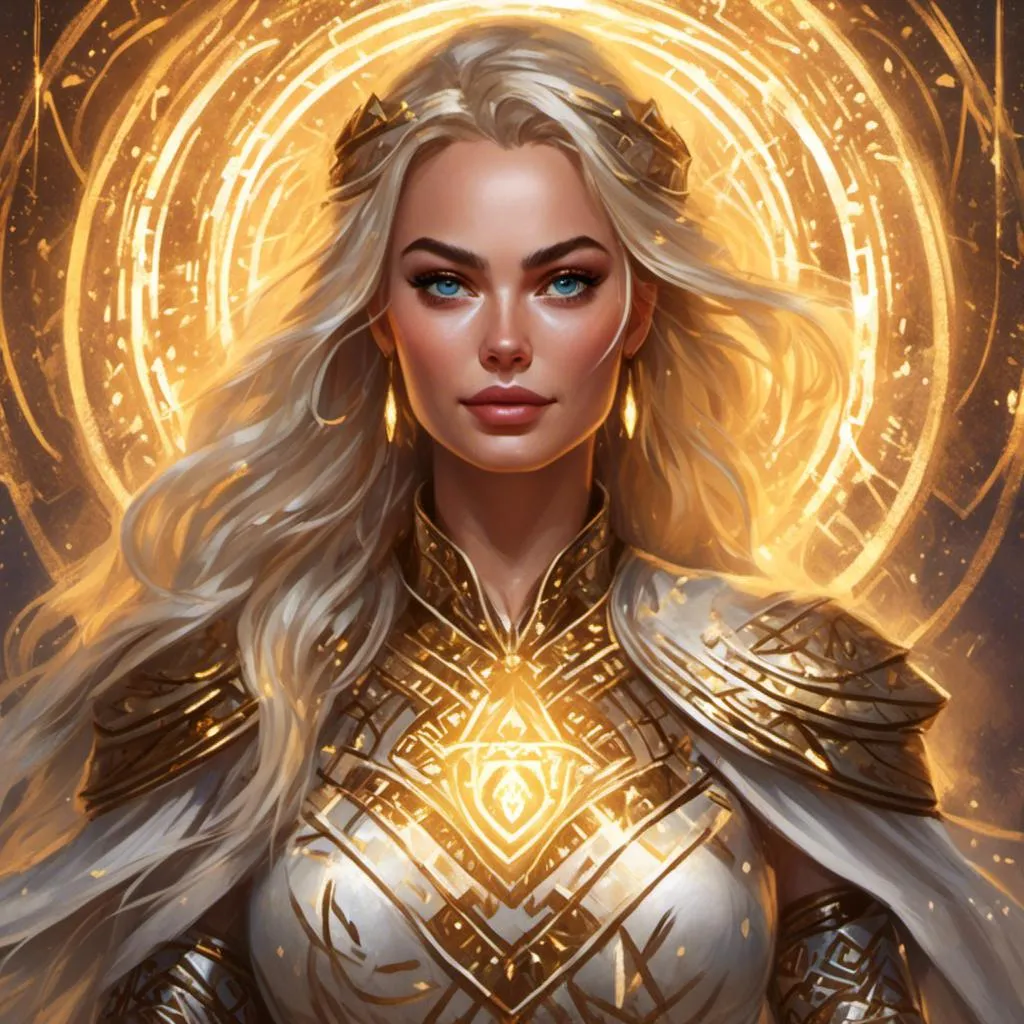 Prompt: A Margot Robbie masterpiece drawn in  <mymodel> artstyle, she is a goddess from the heavens, her golden and ivory armor tightly dress her, she has open arms and looks grave in her look to the camera, ray of lights are casting from her, glyphs, portal, enchantment