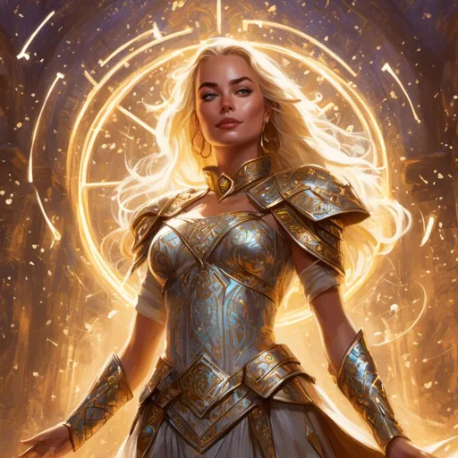 Prompt: A Margot Robbie masterpiece drawn in  <mymodel> artstyle, she is a goddess from the heavens, her golden and ivory armor tightly dress her, she has open arms and looks grave in her look to the camera, ray of lights are casting from her, glyphs, portal, enchantment