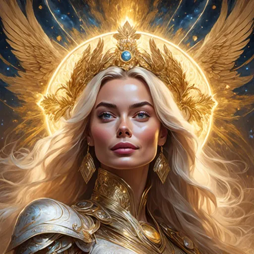 Prompt: drawn portrait of Margot Robbie in <mymodel> style, ethereal being, super powers, levitating, halo over head, intricate design, benevolence, good power, master piece, highly-detailed, ethereal, levitation, benevolent, intricate details, super powers, halo, high quality, masterpiece, detailed, powerful, ethereal being