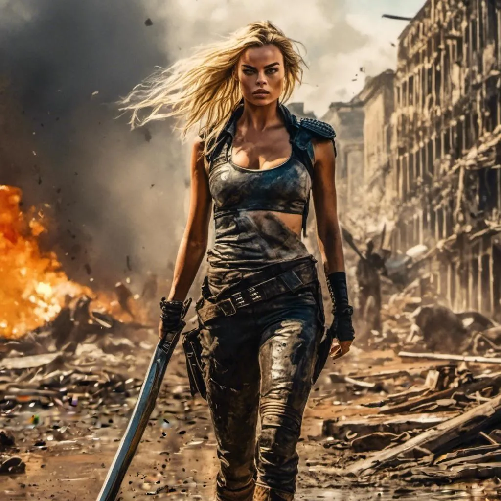 Prompt: A Margot Robbie masterpiece drawn in  <mymodel> artstyle, she is a powerful warrior, fighting with a big sword, she fights against aliens in a post-apocalyptic future, she looks angry during the fight, the city is deserted and the urban environment is worn out and abandoned, action scene, dynamic pose, highly detailed