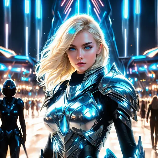 Prompt: masterpiece, best quality, intricate, grave look, 4k, full-body, a platinum blonde girl and blue eyes is dressed like a futuristic warrior, she is standing at the entrance of the  crowded arena, stands with thousands people are on the background, it's night and lamps are lighting up the area from above, she is wearing a holographic visor and has a giant futuristic bastard sword on her spine
