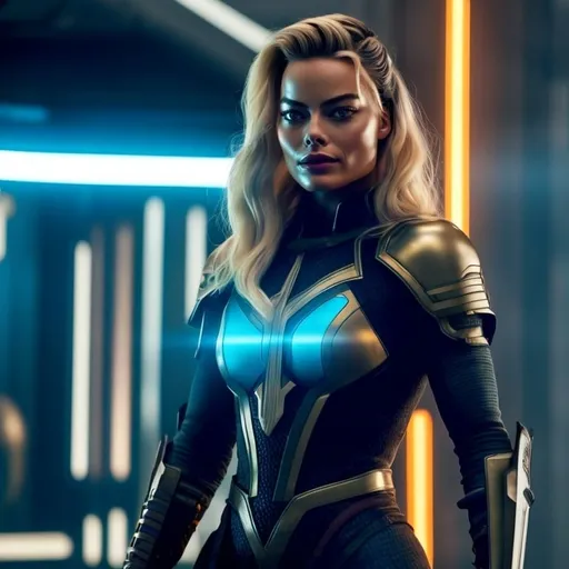 Prompt: Margot Robbie is a futuristic warrior with a giant sword, her techno-outfit is a cyber suit tightly enveloping her body covered in glowing circuits, she is in a fighting stance, she is in a futuristic city fighting aliens, full-body, Masterpiece, highly detailed, dramatic lights