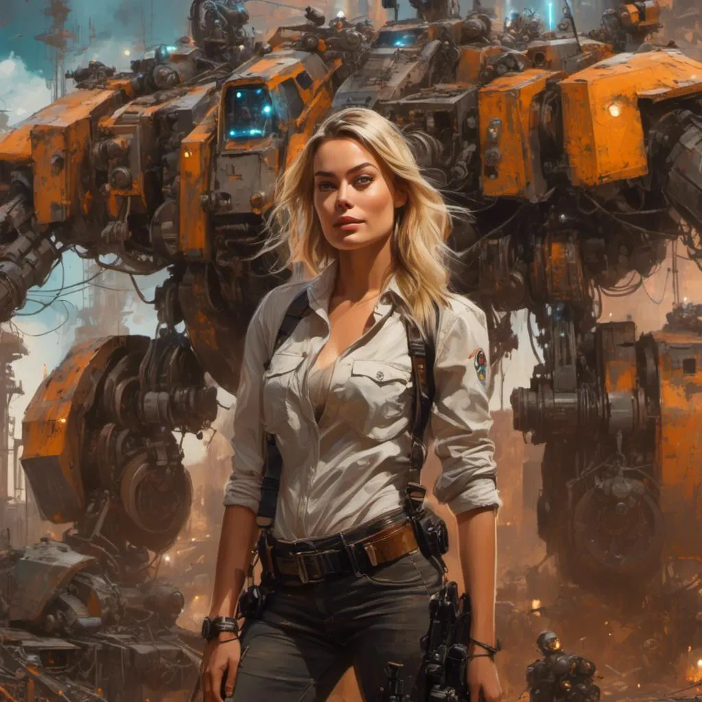 Prompt: A Margot Robbie masterpiece drawn in  <mymodel> artstyle, she is a pilot of mech, she is looking at camera with a grave look, her cyber-armor is full of intricate glowing circuits, a giant mech is on the background, epic scene, masterpiece, highly detailed