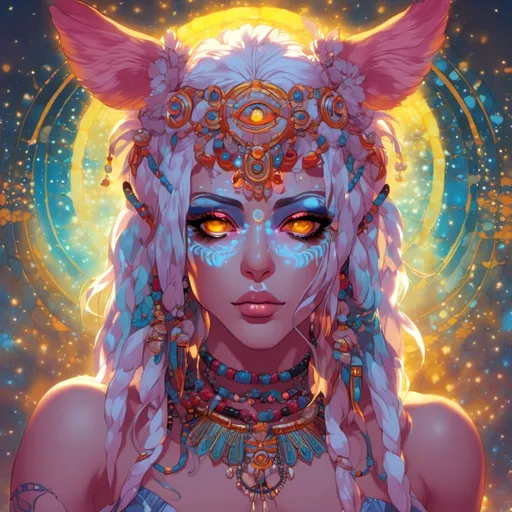 Prompt: <mymodel>Detailed image of the mythical being Ahmahana, vibrant and mystical, digitally painted, ethereal glow, intricate tribal markings, piercing eyes, flowing ethereal robes, otherworldly aura, high quality, mystical, vibrant colors, detailed, digital painting, mythical, tribal markings, piercing eyes, flowing robes, ethereal, atmospheric lighting