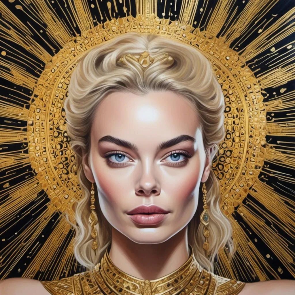 Prompt: drawn portrait of Margot Robbie in <mymodel> style, ethereal being, super powers, levitating, halo over head, intricate design, benevolence, good power, master piece, highly-detailed, ethereal, levitation, benevolent, intricate details, super powers, halo, high quality, masterpiece, detailed, powerful, ethereal being