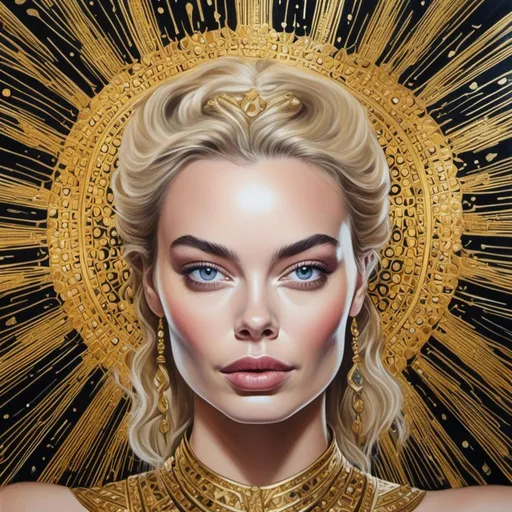 Prompt: drawn portrait of Margot Robbie in <mymodel> style, ethereal being, super powers, levitating, halo over head, intricate design, benevolence, good power, master piece, highly-detailed, ethereal, levitation, benevolent, intricate details, super powers, halo, high quality, masterpiece, detailed, powerful, ethereal being