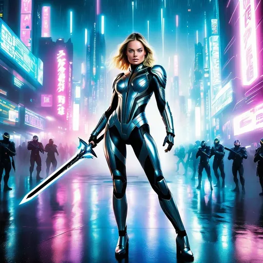 Prompt: Margot Robbie is a futuristic warrior with a giant sword, her techno-outfit is a cyber suit tightly enveloping her body, she is in a fighting stance, she is in a futuristic city fighting aliens, full-body, Masterpiece, highly detailed, dramatic lights