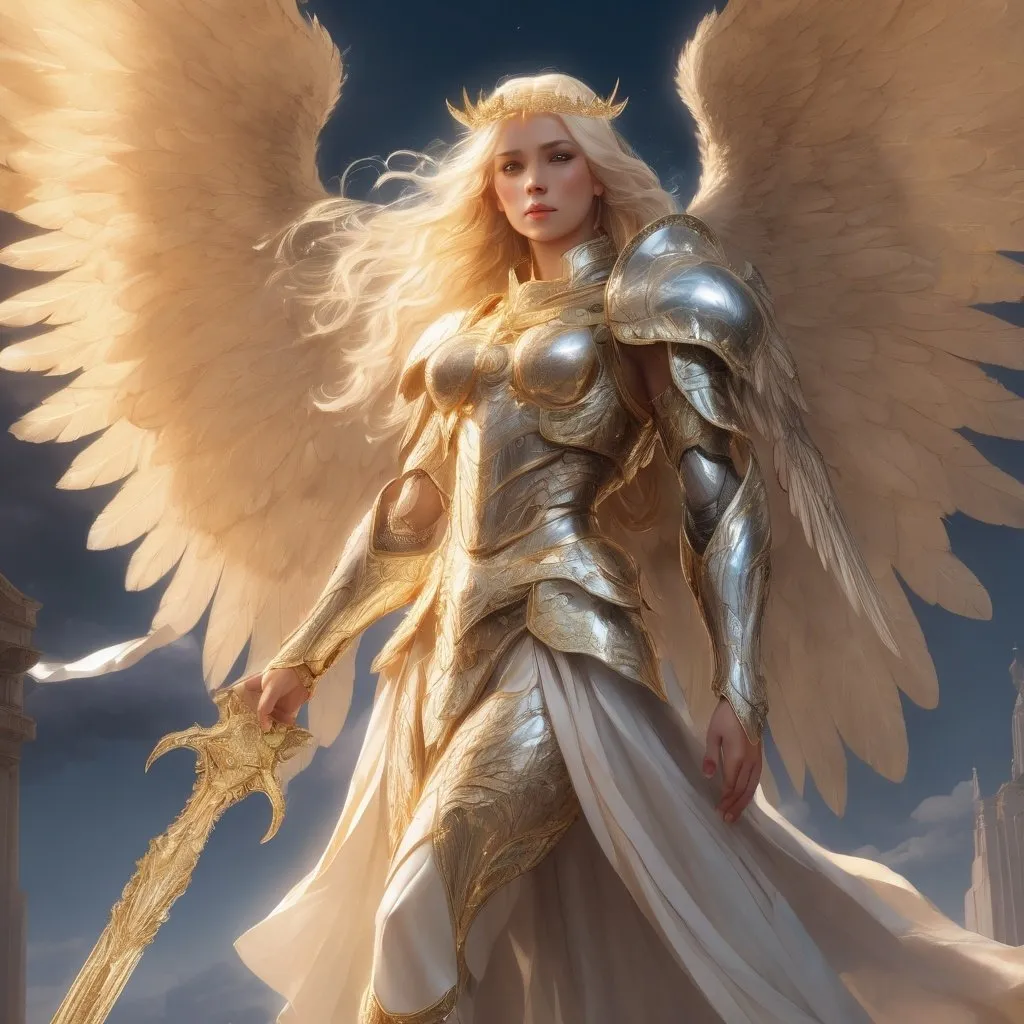 Prompt: drawn, full-body, powerful archangel with platinum blonde straight hair, benevolent and loving, halo, adorned in intricate golden armor, standing in heavenly surroundings, majestic wings unfurled, wielding a highly detailed lance, heavenly, love, masterpiece, 4k, ultra-detailed, angelic, ethereal, benevolent, detailed armor, heavenly lighting, platinum blonde hair, majestic wings, powerful gaze