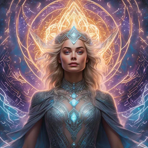 Prompt: Portrait of Margot Robbie in <mymodel> style, ethereal being, super powers, levitating, open arms, halo over head, intricate design, benevolence, good power, master piece, highly-detailed, ethereal, levitation, open arms, benevolent, intricate details, super powers, halo, high quality, masterpiece, <mymodel>, detailed, powerful, ethereal being