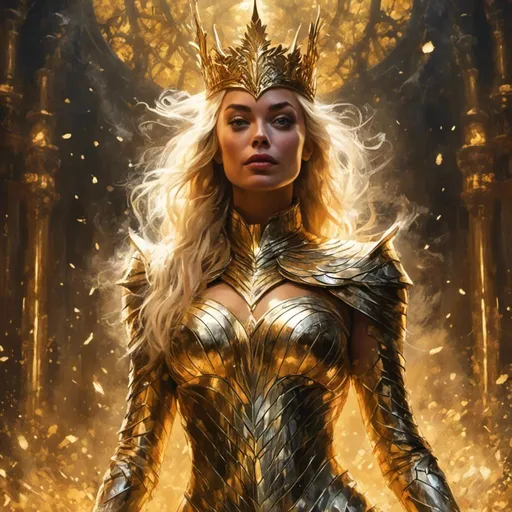 Prompt: A Margot Robbie masterpiece in  <mymodel> artstyle, she is a goddess from the heavens, her golden and ivory armor tightly dress her, she has open arms and looks grave in her look to the camera, ray of lights are casting from her