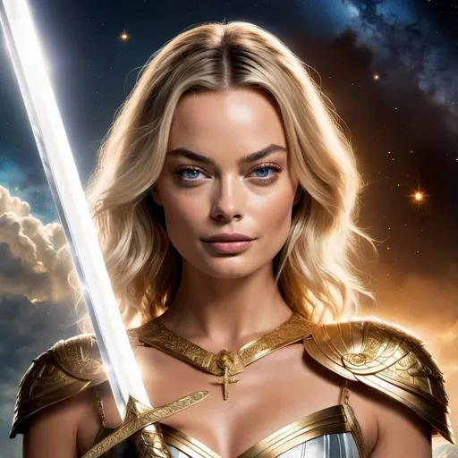 Prompt: Margot Robbie is an almighty archangel, he raise a long sword with her hand above her head, she radiate rays of light and benevolence as she look stoic in the camera, on the background we can see the heavens behind her, full-body, masterpiece, highly detailed, sacred iconography 