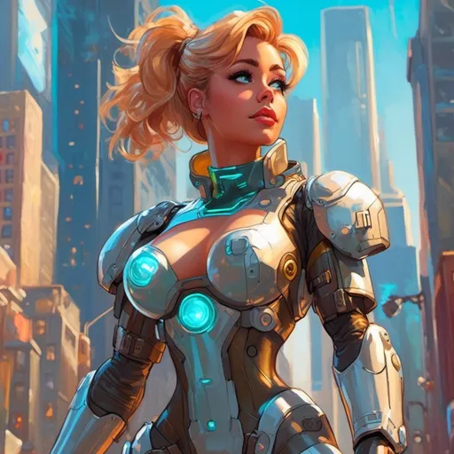 Prompt: Girl in power armor with holograms, futuristic haircut, hovering above bright city, power armor, bright day, masterpiece, highly-detailed, <mymodel> artstyle, futuristic cityscape, armor details, sunlight glinting, urban setting, high-tech, professional, atmospheric lighting, detailed background, intense gaze