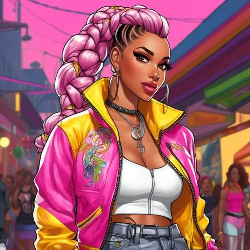 Prompt: <mymodel> Character Design Portrait, Illustration, GTA Disney Cartoon, Woman with Beautiful Realistic Smokey Grey Eyes and Intricate Pink Yellow Ombre Braided Vibrant Curled Hair, Vibrant Black White Pink Yellow High Collar Mid Waist Track Jacket Halter Top and Skirt with High Heels, Intricately Designed Clothing, Character Design, Highly Detailed, Dynamix Pose, Street Carnival