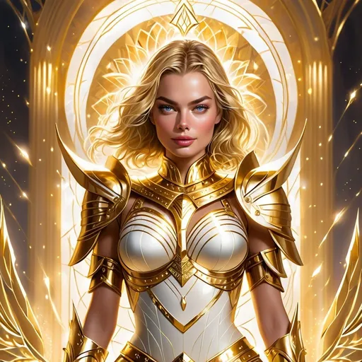 Prompt: Margot Robbie in <mymodel> artstyle, goddess from the heavens, golden and ivory armor, grave expression, ray of lights, sacred iconography, highres, detailed, heavenly lighting, regal, divine, elegant design, professional illustration