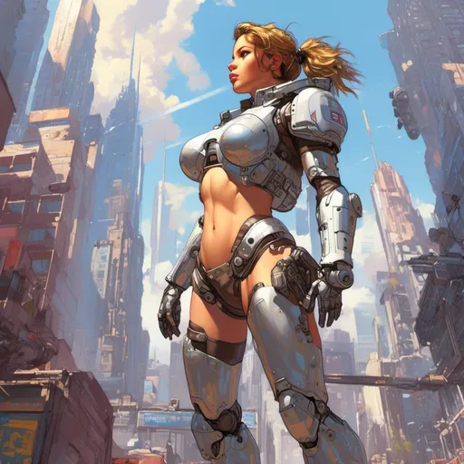 Prompt: Girl in power armor with holograms, hovering above bright city, power armor, bright day, masterpiece, highly-detailed, <mymodel> artstyle, futuristic cityscape, armor details, sunlight glinting, urban setting, high-tech, professional, atmospheric lighting, detailed background, intense gaze