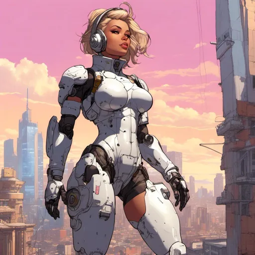 Prompt: Girl in power armor, hovering above bright city, power armor, bright day, masterpiece, highly-detailed, <mymodel> artstyle, futuristic cityscape, armor details, sunlight glinting, urban setting, high-tech, professional, atmospheric lighting, detailed background, intense gaze