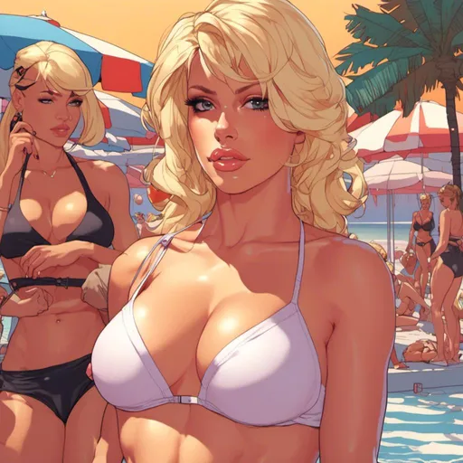 Prompt: Highly detailed, masterpiece, <mymodel> art-style, blonde hair, detailed makeup, atmospheric lighting, professional, cool tones, detailed facial features, best quality, sleek design, beach, day time, swimsuit