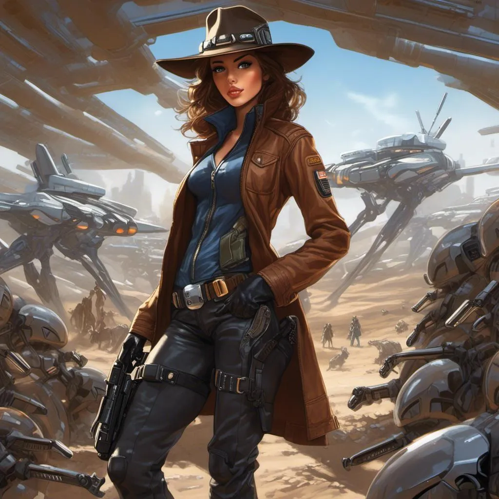 Prompt: <mymodel> full body Cowgirl in futuristic sci-fi setting, cowboy hat,  high-tech materials, detailed cowgirl outfit with leather duster trenchcoat, overcoat, intense and confident expression, alien planet, alien animals, bionic inplants on the face, high-res, ultra-detailed, sci-fi, laser guns, sciborg, futuristic, cowgirl, high-tech, detailed outfit, atmospheric lighting