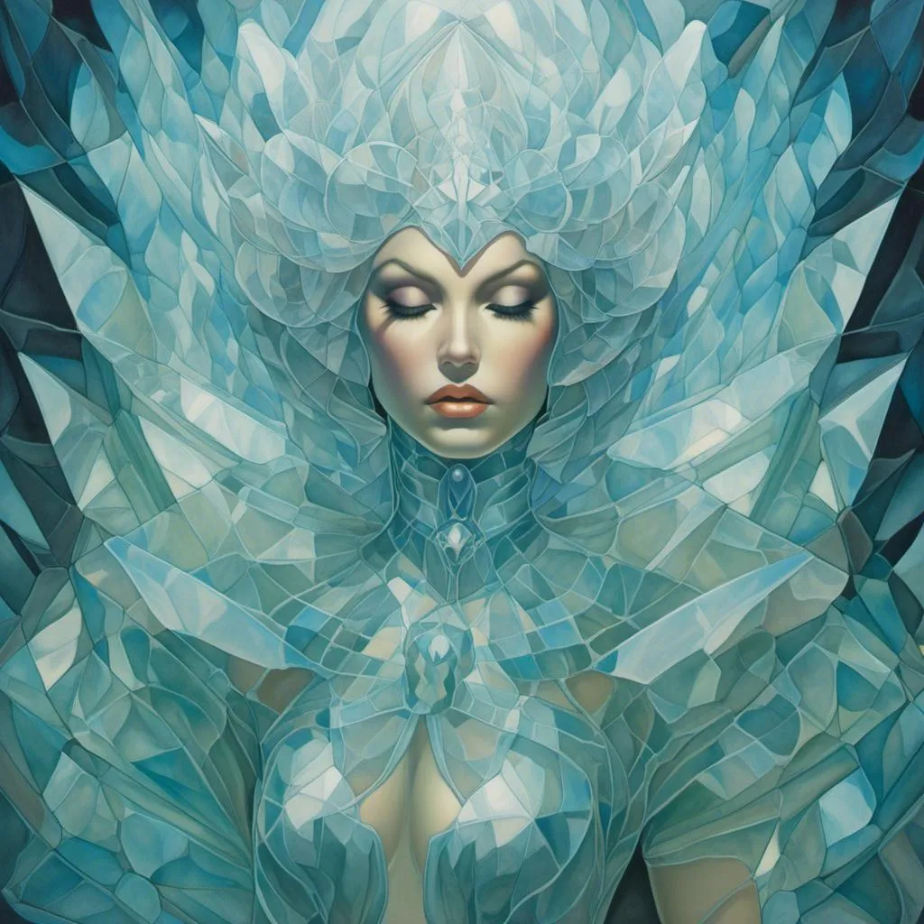Prompt: <mymodel> Ethereal Crystalline Metamorphosis Cubism, Preserved destiny, an ancient female warrior trapped inside of a huge crystal  mystic fog, Reflections, cell-shaded, Volumetric lighting, Eldritch, Amanda Sage