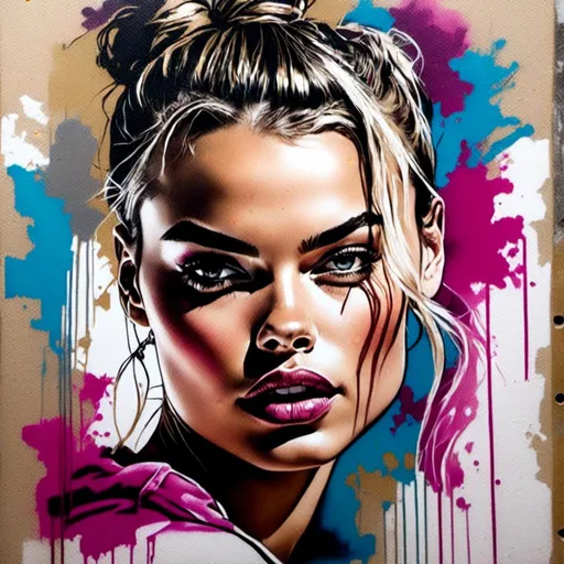 Prompt: <mymodel>graffiti art of margot robbie with pigtails hip-hop style