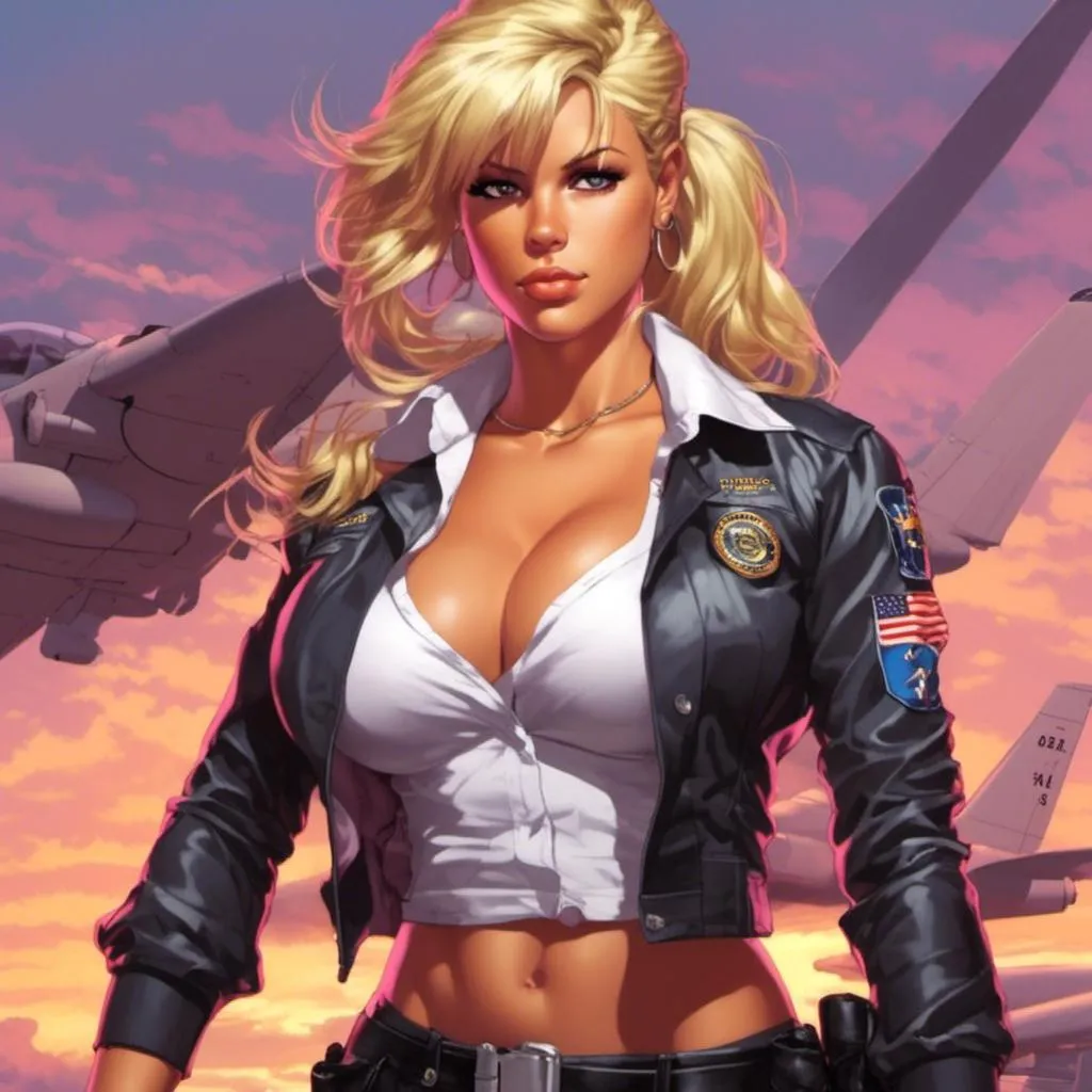 Prompt: masterpiece, dramatic lights, highly detailed, <mymodel> art style, blonde girl, jet pilot, muscular but slim, stoic look, full figure, professional, atmospheric lighting, detailed eyes, sleek design, cool tones