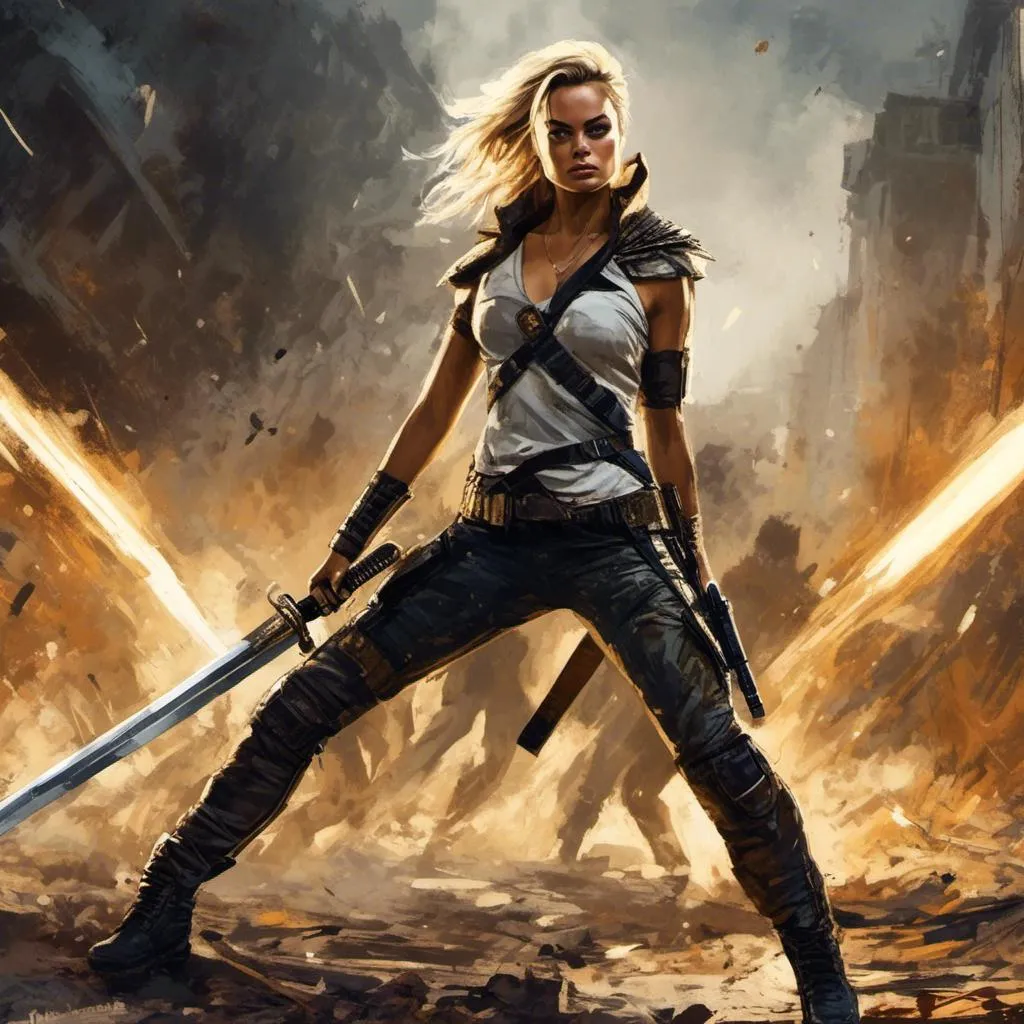 Prompt: A Margot Robbie masterpiece drawn in  <mymodel> artstyle, she is a powerful warrior, fighting with a big sword, she fights against aliens in a post-apocalyptic future, she looks angry during the fight, the city is deserted and the urban environment is worn out and abandoned, action scene, dynamic pose, highly detailed