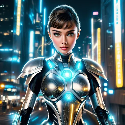 Prompt: In <mymodel> art-style, Audrey Hepburn is a warrior in a scifi world, her futuristic light armor suit is covered in glowing circuits, she has a fierce look as she look at the camera, she is standing on a vehicle flying all over the city, Masterpiece, highly detailed, intricate