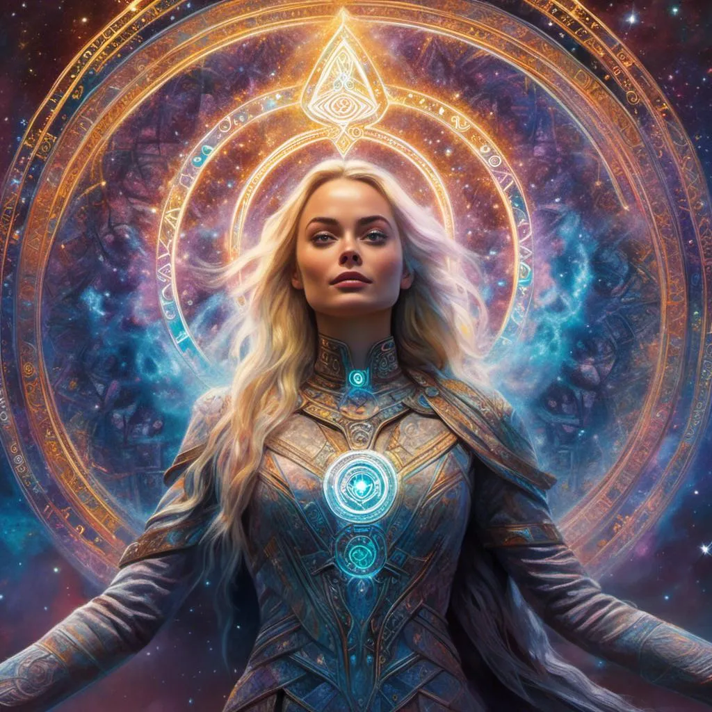 Prompt: portrait of Margot Robbie in <mymodel> style, ethereal being, super powers, nebula background, levitating, open arms, halo over head, intricate design, benevolence, good power, master piece, highly-detailed, ethereal, levitation, open arms, benevolent, intricate details, super powers, halo, high quality, masterpiece, <mymodel>, detailed, powerful, ethereal being