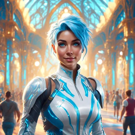 Prompt: She is athletic, intricate sleek (gym outfit) in white and light blue, her cool (makeup), trendy haircut with pastel colors, her (blue eyes) smiling at the camera, walking into the gym, <mymodel> art style, vibrant color tones, high depth cinematic quality, cheerful atmosphere, (highly detailed), masterpiece, stylishly decorated gym background, 4K, ultra-detailed.