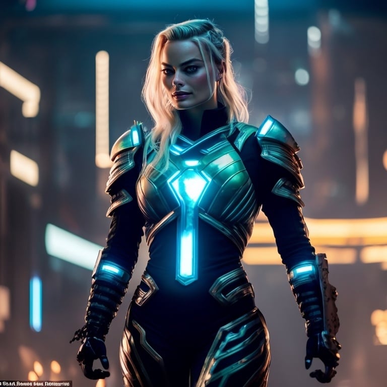 Prompt: Margot Robbie is a futuristic warrior with a giant sword, her techno-outfit is a cyber suit tightly enveloping her body covered in glowing circuits, she is in a fighting stance, she is in a futuristic city fighting aliens, full-body, Masterpiece, highly detailed, dramatic lights