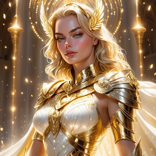 Prompt: Margot Robbie in <mymodel> artstyle, goddess from the heavens, golden and ivory armor, grave expression, ray of lights, sacred iconography, highres, detailed, heavenly lighting, regal, divine, elegant design, professional illustration