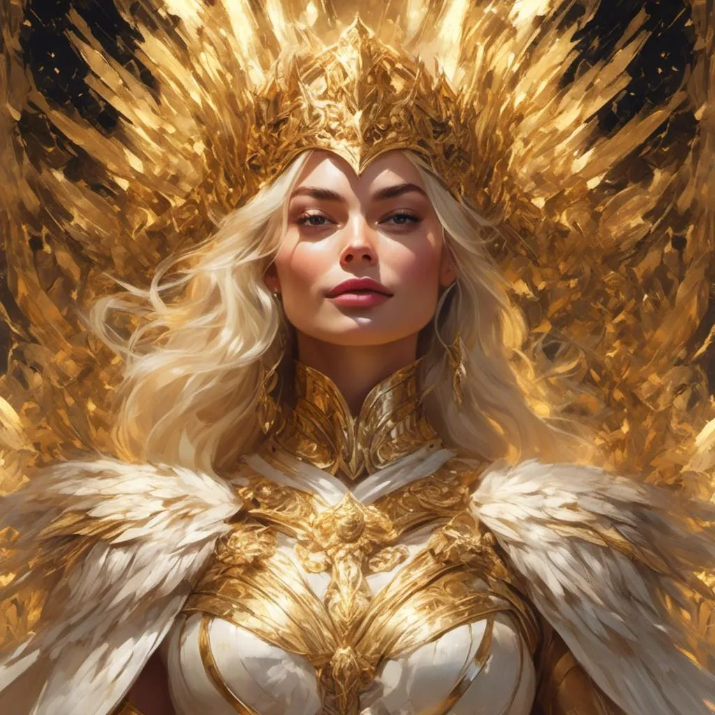 Prompt: A Margot Robbie masterpiece drawn in  <mymodel> artstyle, she is a goddess from the heavens, her golden and ivory armor tightly dress her, she has open arms and looks grave in her look to the camera, ray of lights are casting from her