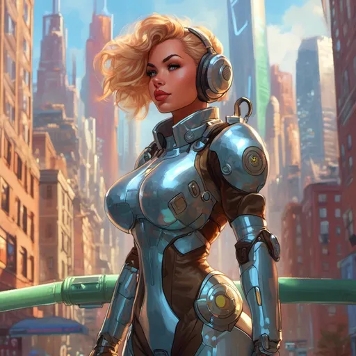 Prompt: Girl in power armor with holograms, futuristic haircut, hovering above bright city, power armor, bright day, masterpiece, highly-detailed, <mymodel> artstyle, futuristic cityscape, armor details, sunlight glinting, urban setting, high-tech, professional, atmospheric lighting, detailed background, intense gaze