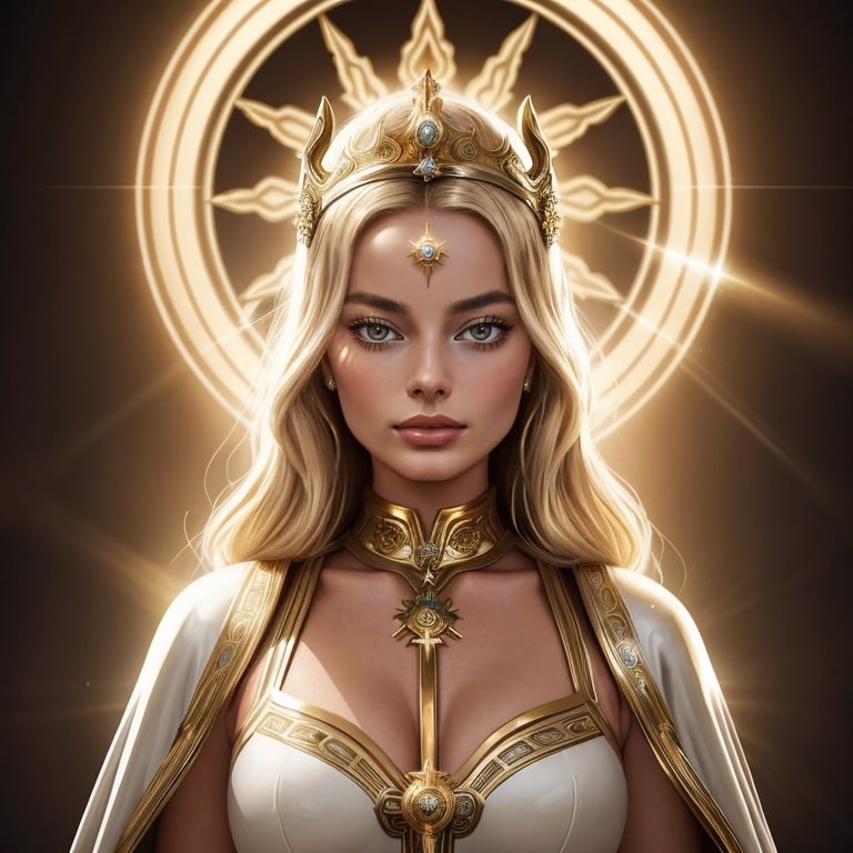 Prompt: Margot Robbie in <mymodel> artstyle, goddess from the heavens, golden and ivory armor, grave expression, ray of lights, sacred iconography, highres, detailed, heavenly lighting, regal, divine, elegant design, professional illustration