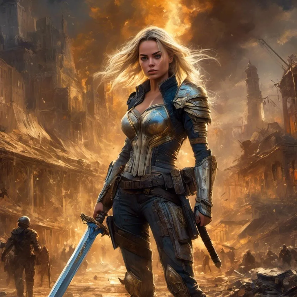 Prompt: A Margot Robbie masterpiece drawn in  <mymodel> artstyle, she is a powerful warrior, fighting with a big sword, she fights against aliens in a post-apocalyptic future, she looks angry during the fight, the city is deserted and the urban environment is worn out and abandoned, action scene, dynamic pose, highly detailed