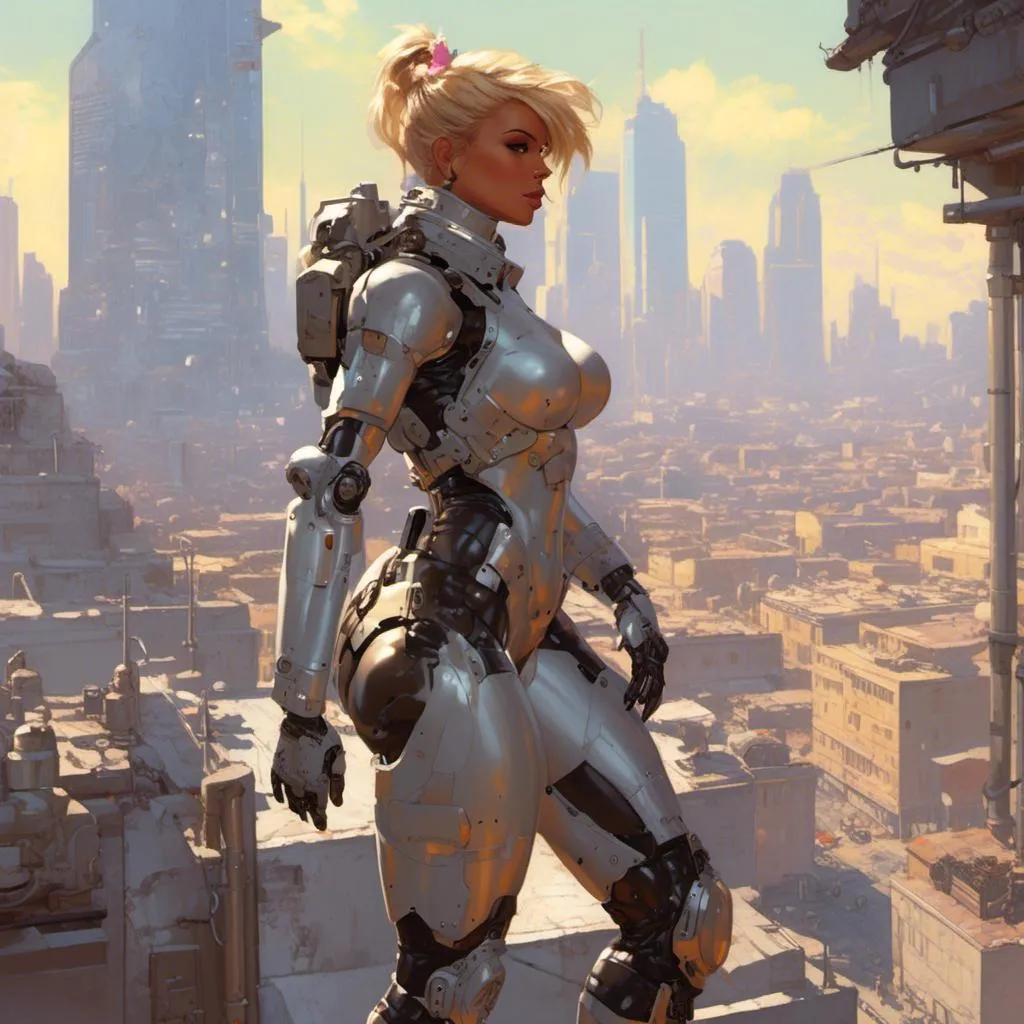 Prompt: Girl in power armor, hovering above bright city, power armor, bright day, masterpiece, highly-detailed, <mymodel> artstyle, futuristic cityscape, armor details, sunlight glinting, urban setting, high-tech, professional, atmospheric lighting, detailed background, intense gaze