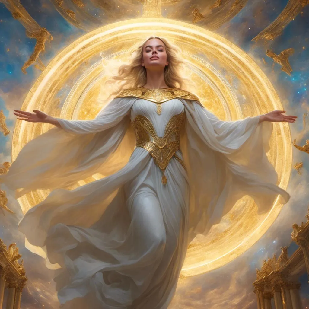 Prompt: portrait of Margot Robbie in <mymodel> style, ethereal being, super powers, nebula background, levitating, open arms, halo over head, intricate design, benevolence, good power, master piece, highly-detailed, ethereal, levitation, open arms, benevolent, intricate details, super powers, halo, high quality, masterpiece, <mymodel>, detailed, powerful, ethereal being