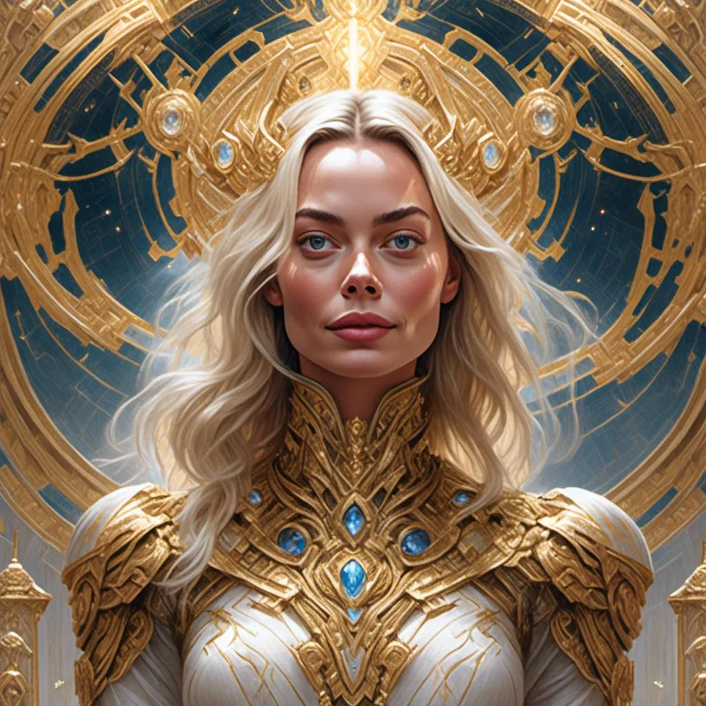 Prompt: drawn portrait of Margot Robbie in <mymodel> style, ethereal being, super powers, levitating, halo over head, intricate design, benevolence, good power, master piece, highly-detailed, ethereal, levitation, benevolent, intricate details, super powers, halo, high quality, masterpiece, detailed, powerful, ethereal being