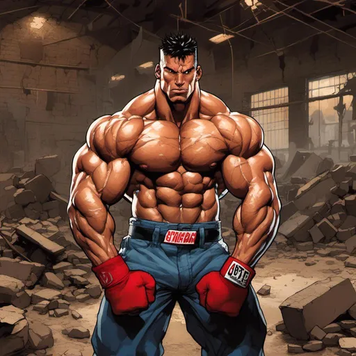 Prompt: <mymodel>Powerful street fighter in a ruined gym, gritty urban setting, muscular physique, intense and focused gaze, ripped clothing, dramatic lighting, high quality, gritty, urban, muscular, intense gaze, dramatic lighting, ruined environment