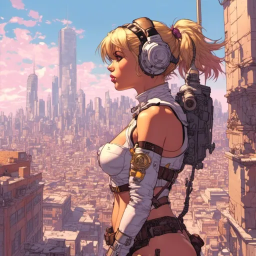 Prompt: in in <mymodel> artstyle, a girl wearing a power armor hovering above the city in a bright day, masterpiece, highly-detailed